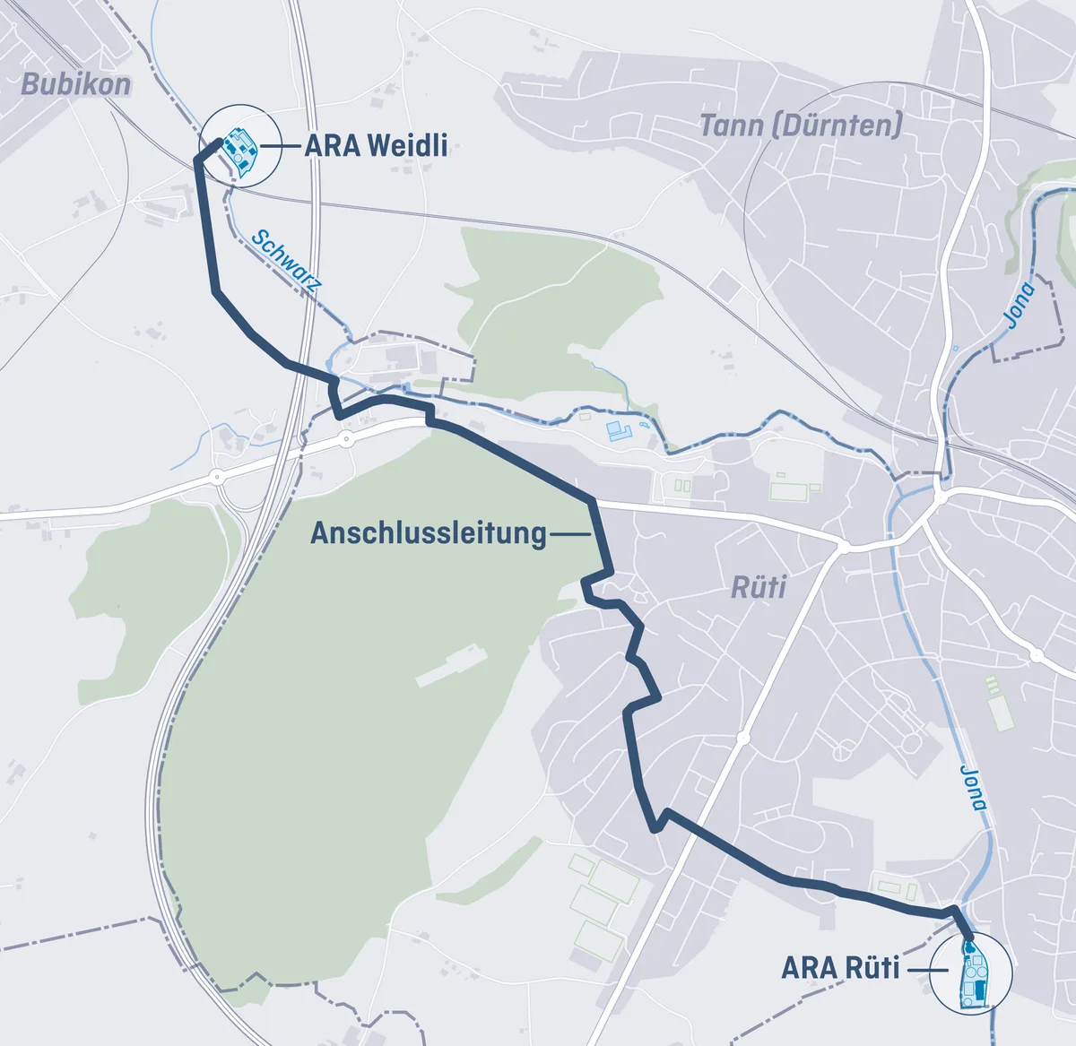 Die Ara Rüti und die Ara Weidli sollen sich zusammenschliessen. Die Anschlussleitung wäre etwa 2,5 Kilometer lang. Ein Plan mit dem Ausbau der Ara Rüti und dem Anschluss der Ara Weidli.